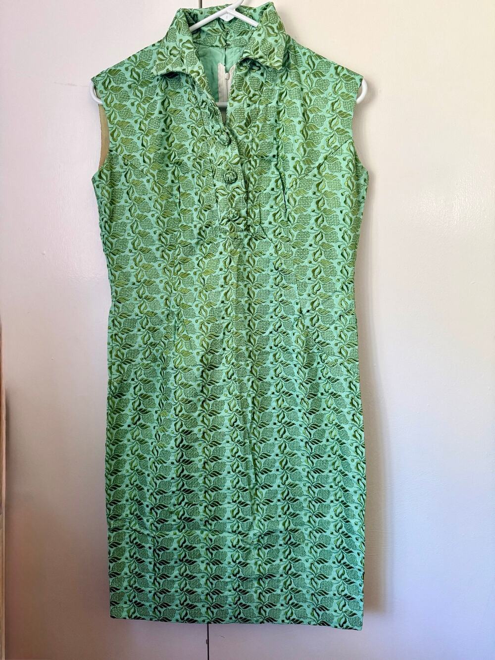 Vintage 60's Green Blue Textured Sleeveless Mod Dress Collar Small Medium Hippie